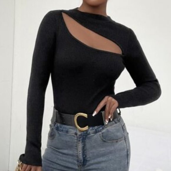 Contemporary minimalist black cutout sweater top - Picture 1 of 6